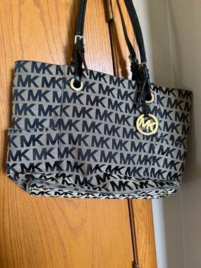 Michael Kors Monogram MK Tote in Black and Beige